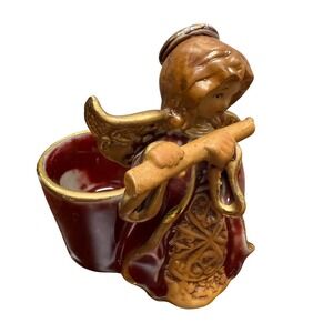Vintage Angel Candle Holder Trumpet Ceramic Gold Trim Red Christmas Decor